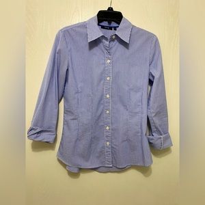 Blue and white striped button up dress shirt